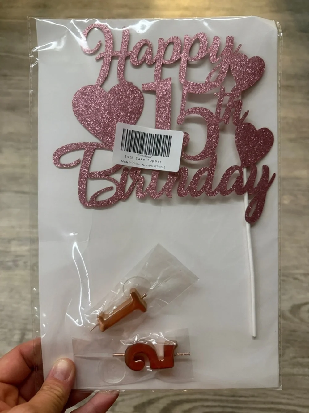Happy 15th Birthday Cake Topper - Rose Gold Glitter and Candles